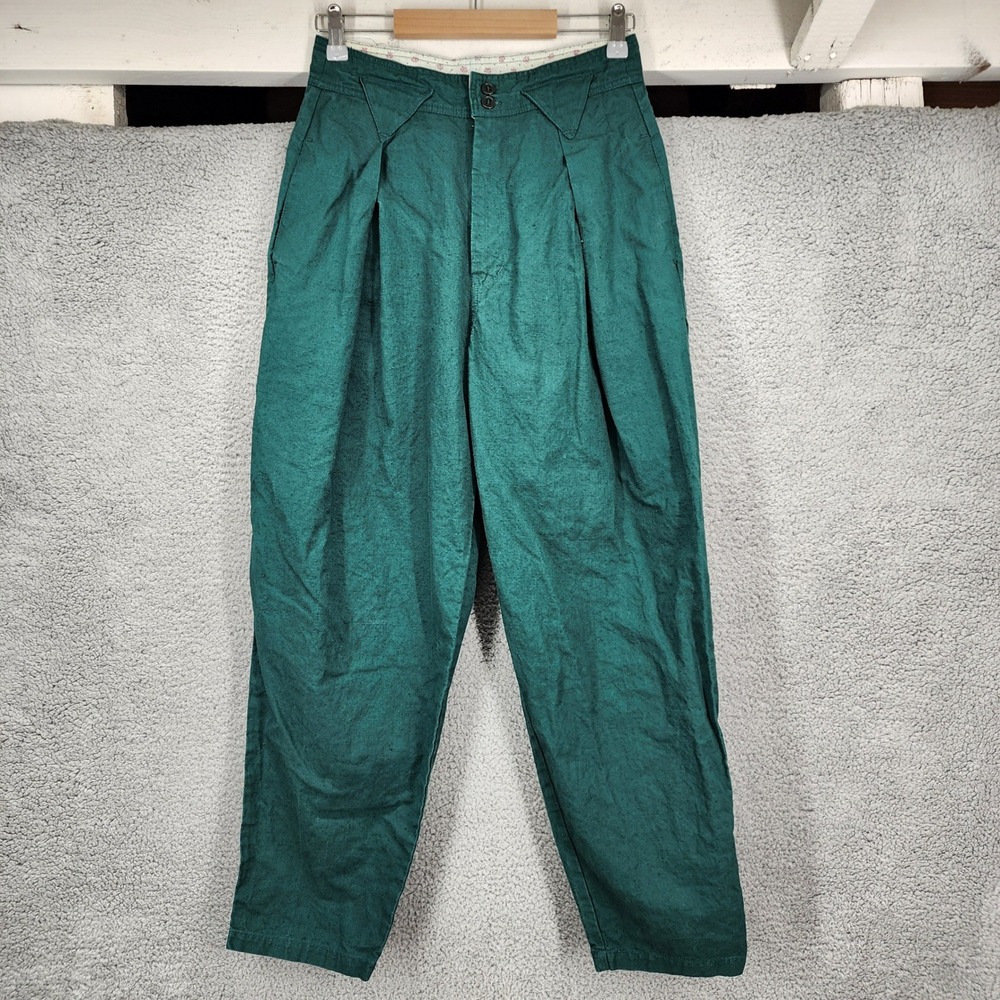Vintage Hunters Run Green High Waisted Pleated Ramie Cotton Pants Womens 12